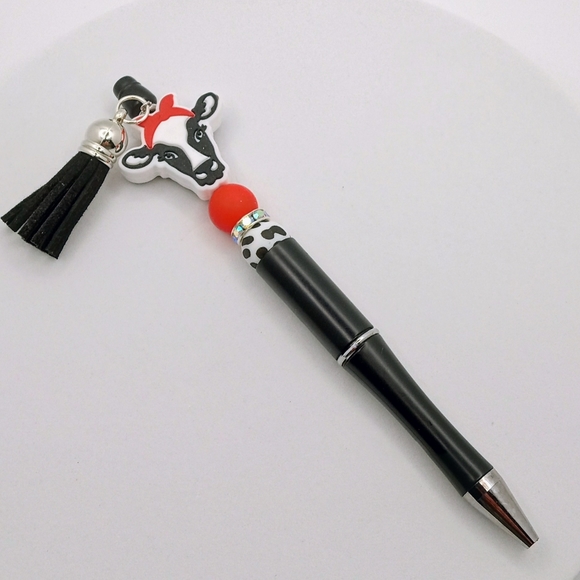 BLACK, WHITE AND RED INK PEN WITH ADORABLE COW CHARM AND BLACK TASSEL - Picture 1 of 1